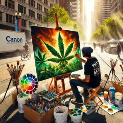Street artist painting a large cannabis leaf
